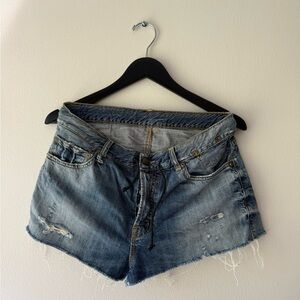 R13 Distressed Asymmetric Blue Denim Mini Skirt. Size 24, fits sizes 24-26